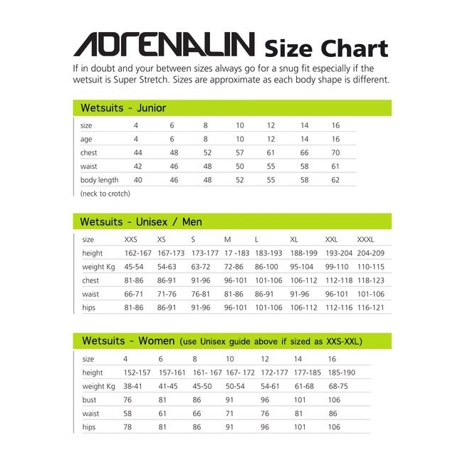 Adrenalin Size Chart