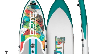 Bote Flood Aero Inflatable Standup Paddle Board 11' Native Patchwork for sale - Top Down & Side view